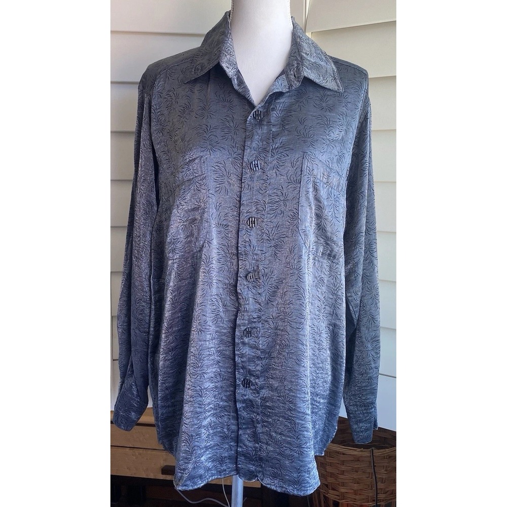 Chico's Design Button Down Women Size 3 Blue‎ Metallic Floral Jacquard tumic